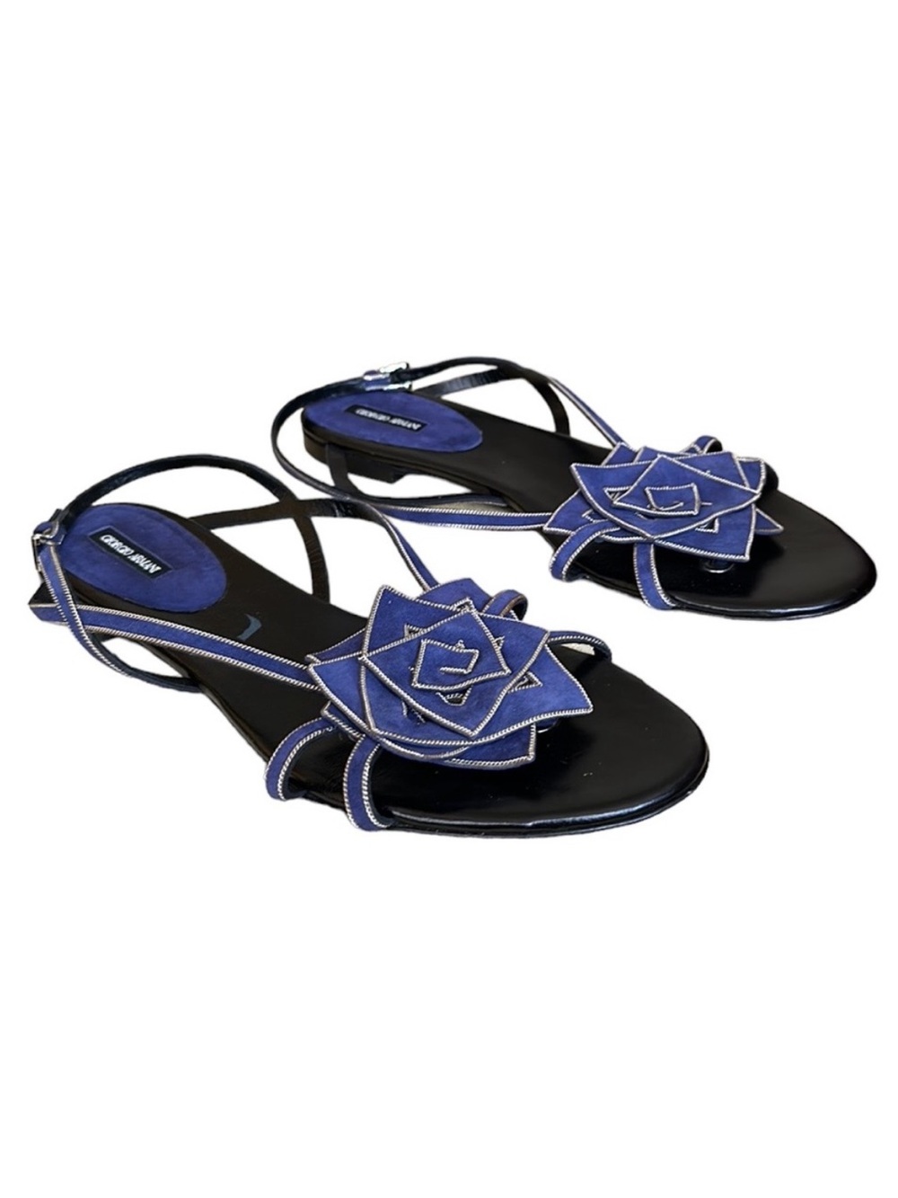 Giorgio Armani Black Leather Strappy Flat Sandal with Blue Suede Origami Flower